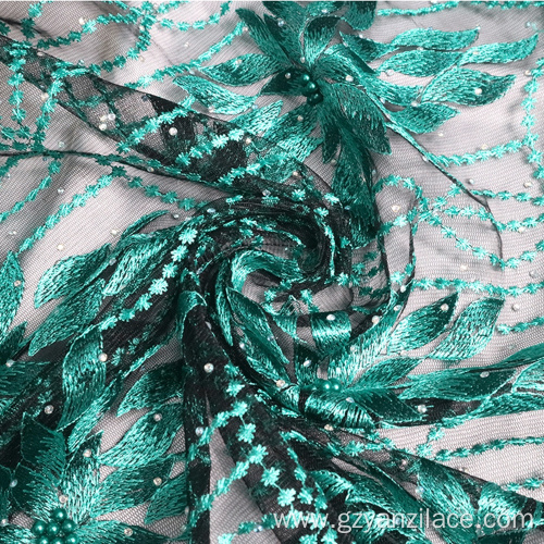 Green African Net Lace Pearl Embroidery Fabric